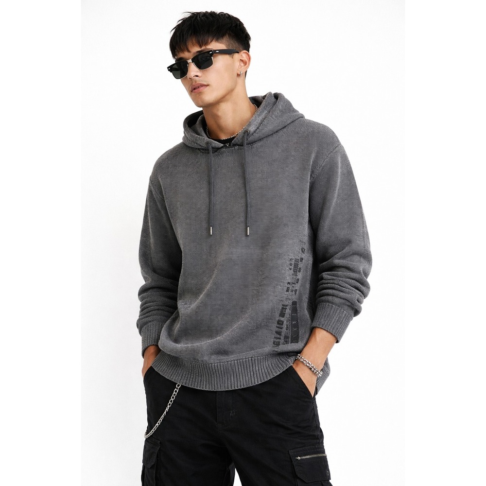 Guess Men's Grey Knitted Pullover Hoodie - Textured Long Sleeve Knit Sweater XL